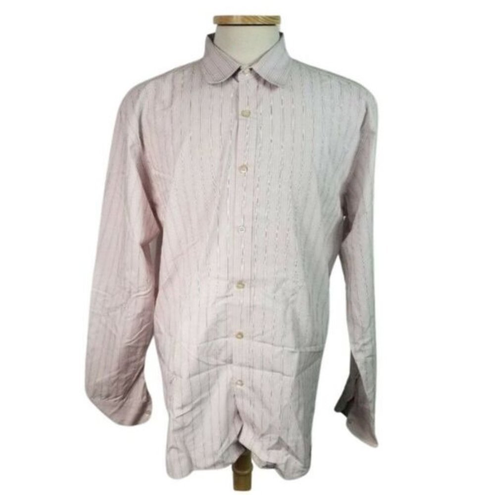 Ted Baker Mens Large Pink Floral Stripe Cotton Button Front Made in Portugal